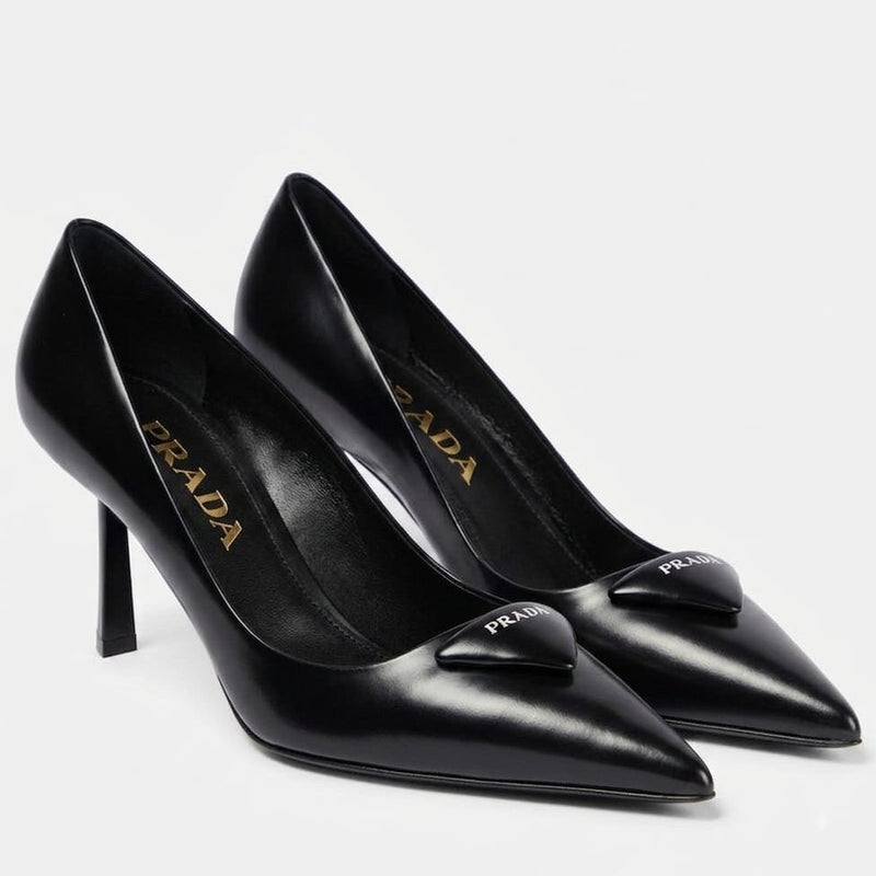 Prada Black Leather Heels Pumps Featuring a Distinctive Padded Triangle Logo