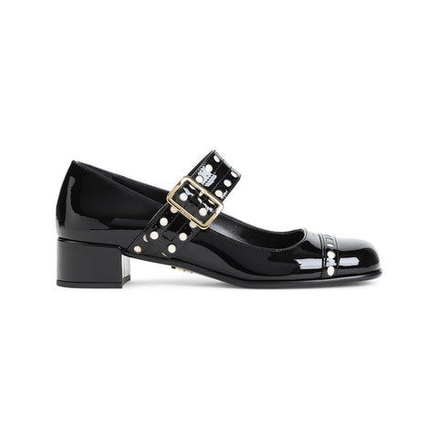 Prada Block Heel Round Toe Patent Finish Studded Detail In Black - BEAUTY BAR