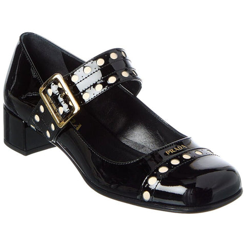 Prada Block Heel Round Toe Patent Finish Studded Detail In Black - BEAUTY BAR