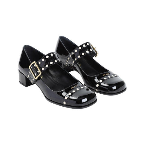 Prada Block Heel Round Toe Patent Finish Studded Detail In Black - BEAUTY BAR