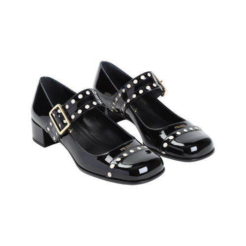 Prada Block Heel Round Toe Patent Finish Studded Detail In Black
