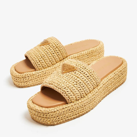 Prada Crochet Flatform Slides Natural - BEAUTY BAR