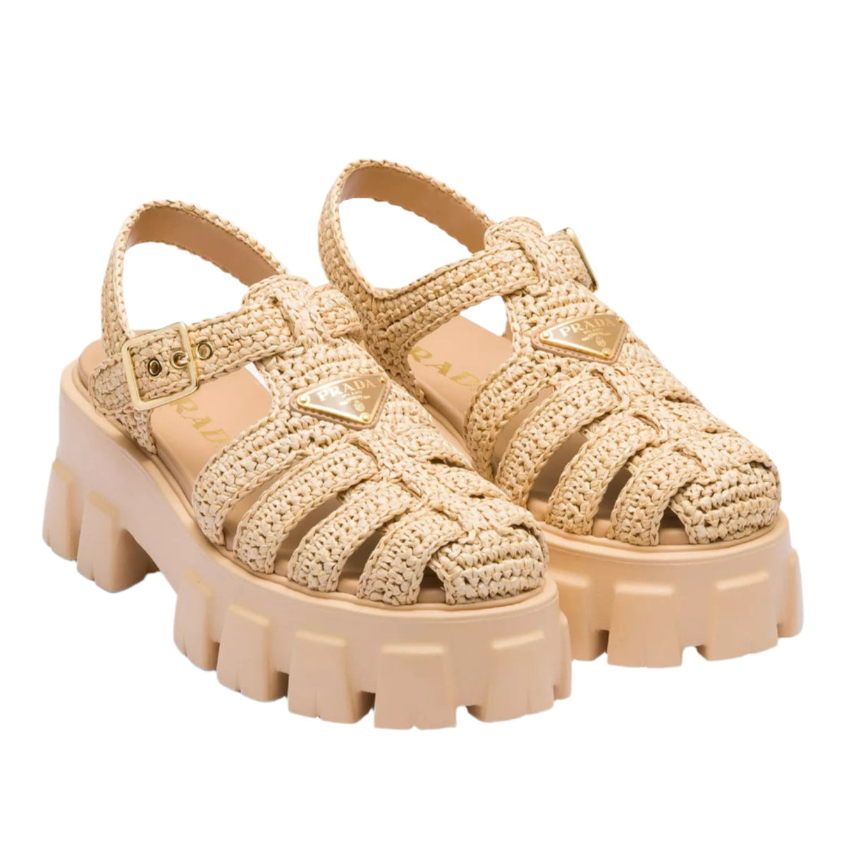 Prada Monolith Logo-Plaque Chunky-Sole Caged Crochet Sandals 1