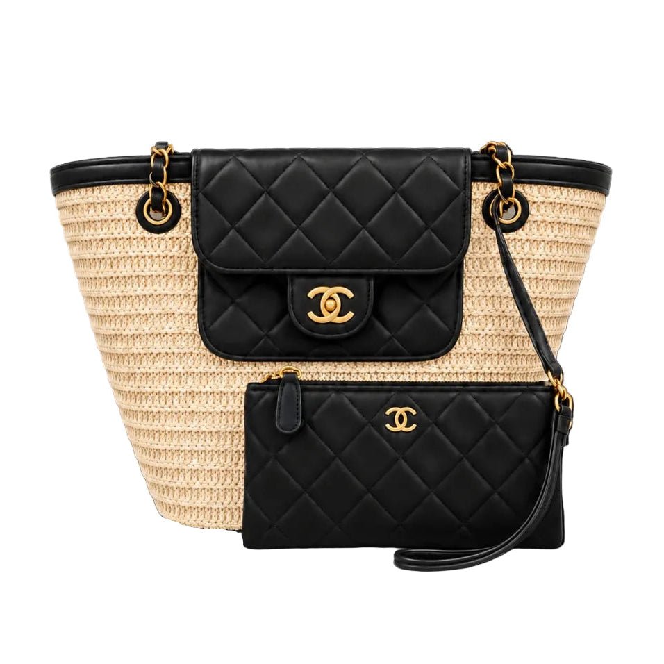 Raffia Braided Lambskin Large Shopping Tote Beige Black 2