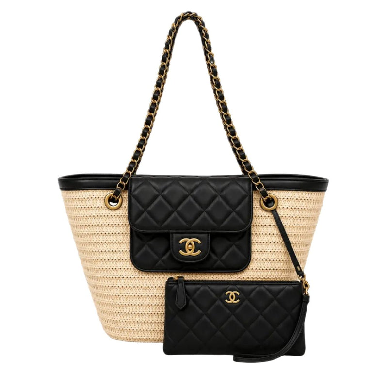 Raffia Braided Lambskin Large Shopping Tote Beige Black