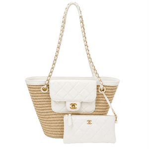 Raffia Braided Lambskin Large Shopping Tote Beige White