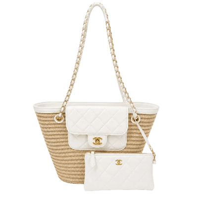 Raffia Braided Lambskin Large Shopping Tote Beige White - BEAUTY BAR