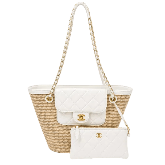 Raffia Braided Lambskin Large Shopping Tote Beige White