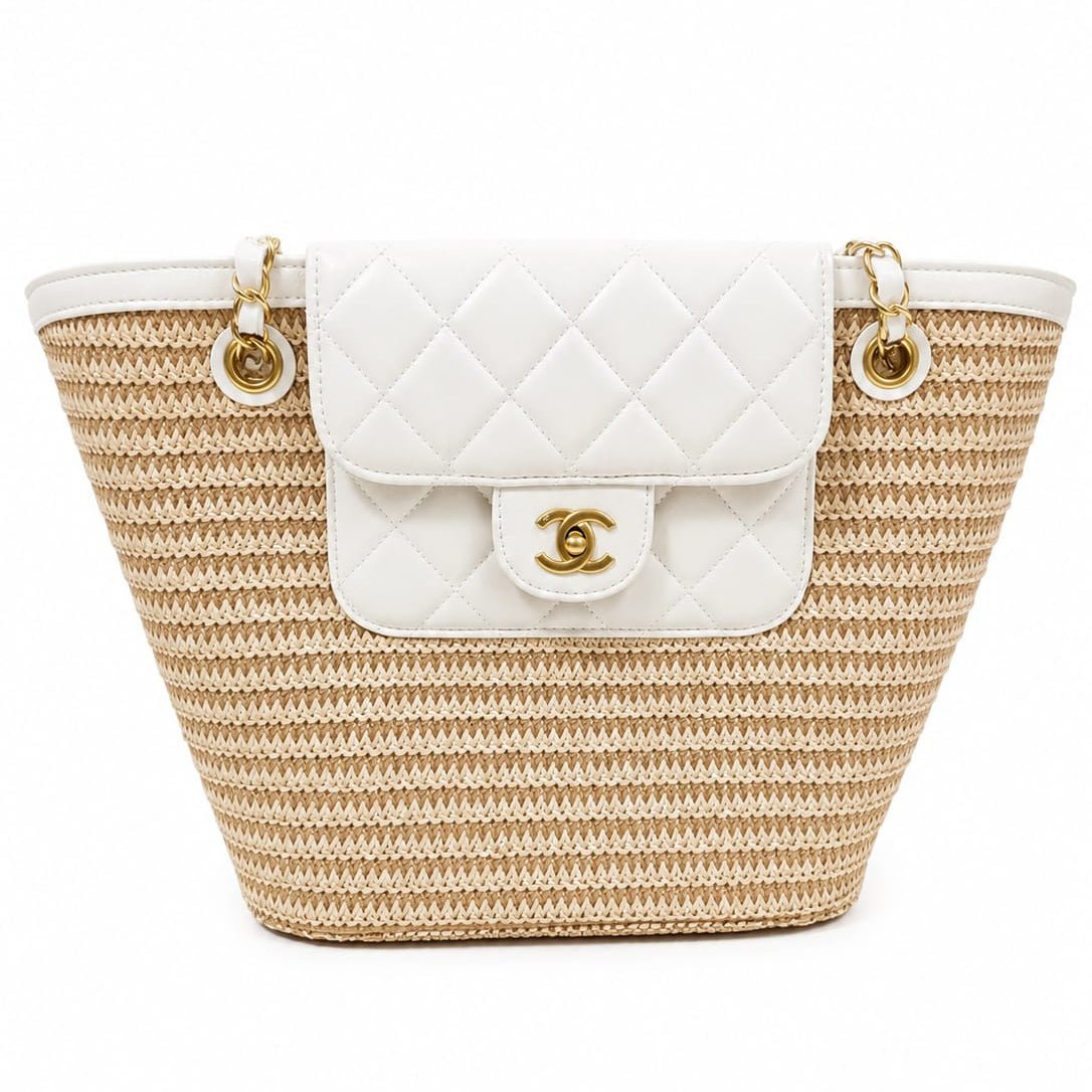 Raffia Braided Lambskin Large Shopping Tote Beige White 2