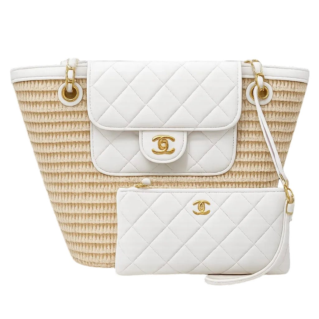 Raffia Braided Lambskin Large Shopping Tote Beige White 3