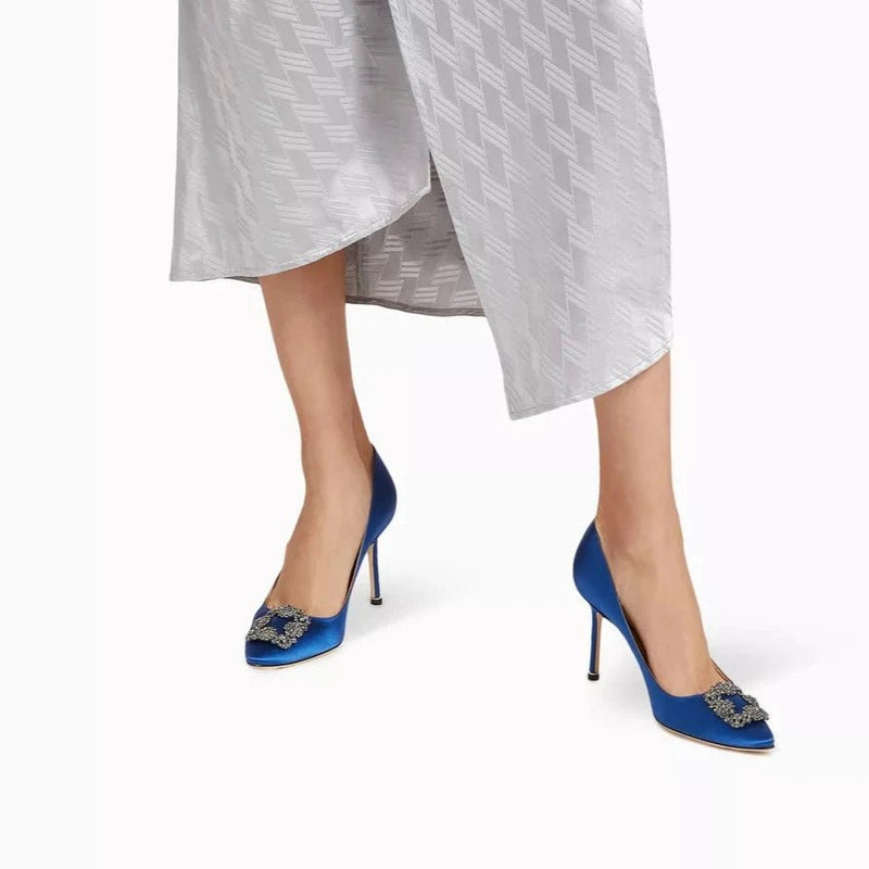 Manolo Blahnik Hangisi Blue Satin Jewel Buckle Pumps 5