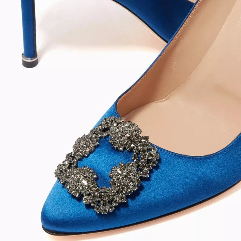 Manolo Blahnik Hangisi Blue Satin Jewel Buckle Pumps 3