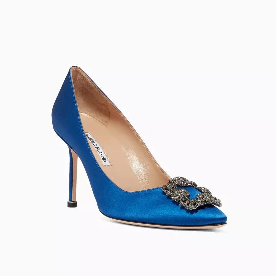 Manolo Blahnik Hangisi Blue Satin Jewel Buckle Pumps 1