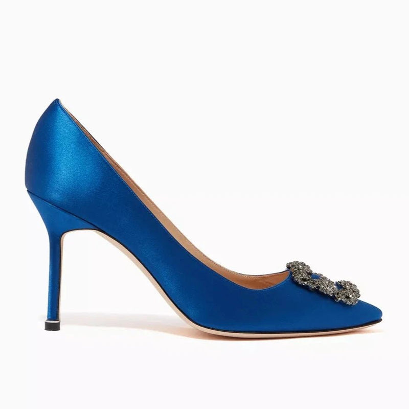 Manolo Blahnik Hangisi Blue Satin Jewel Buckle Pumps 2