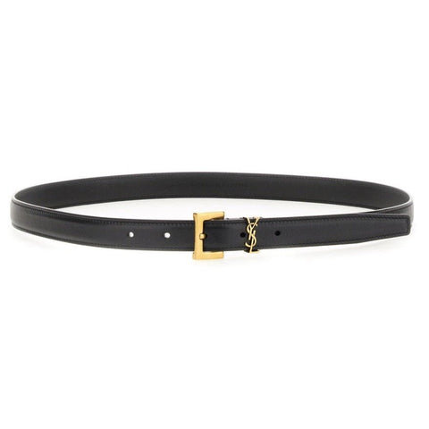 Saint Laurent Monogram Square-Buckle Narrow Belt In Black - BEAUTY BAR