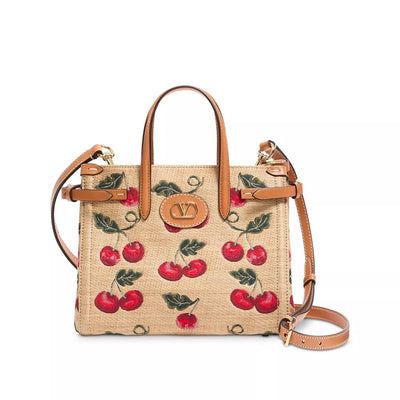 Valentino Garavani Antibes Small Cherryfic VLogo Raffia Shopping Tote Bag