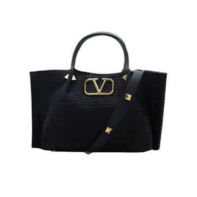 Valentino Garavani Medium Straw Summer Tote Natural Shopper Black