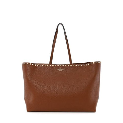 Valentino Garavani Rockstud Leather Tote- Saddle Brown - BEAUTY BAR