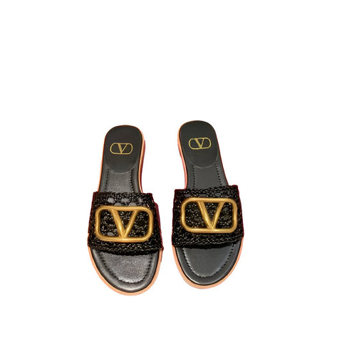 Valentino Garavani V Logo Signature Slides in Nero Black Leather Sandal - BEAUTY BAR