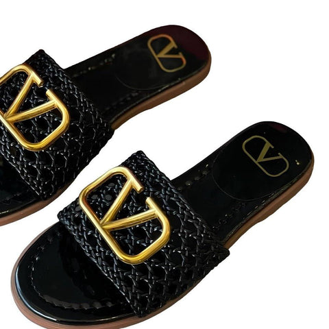 Valentino Garavani V Logo Signature Slides in Nero Black Leather Sandal - BEAUTY BAR