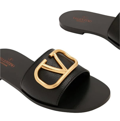 Valentino Garavani V Logo Textured - Leather Slides - BEAUTY BAR