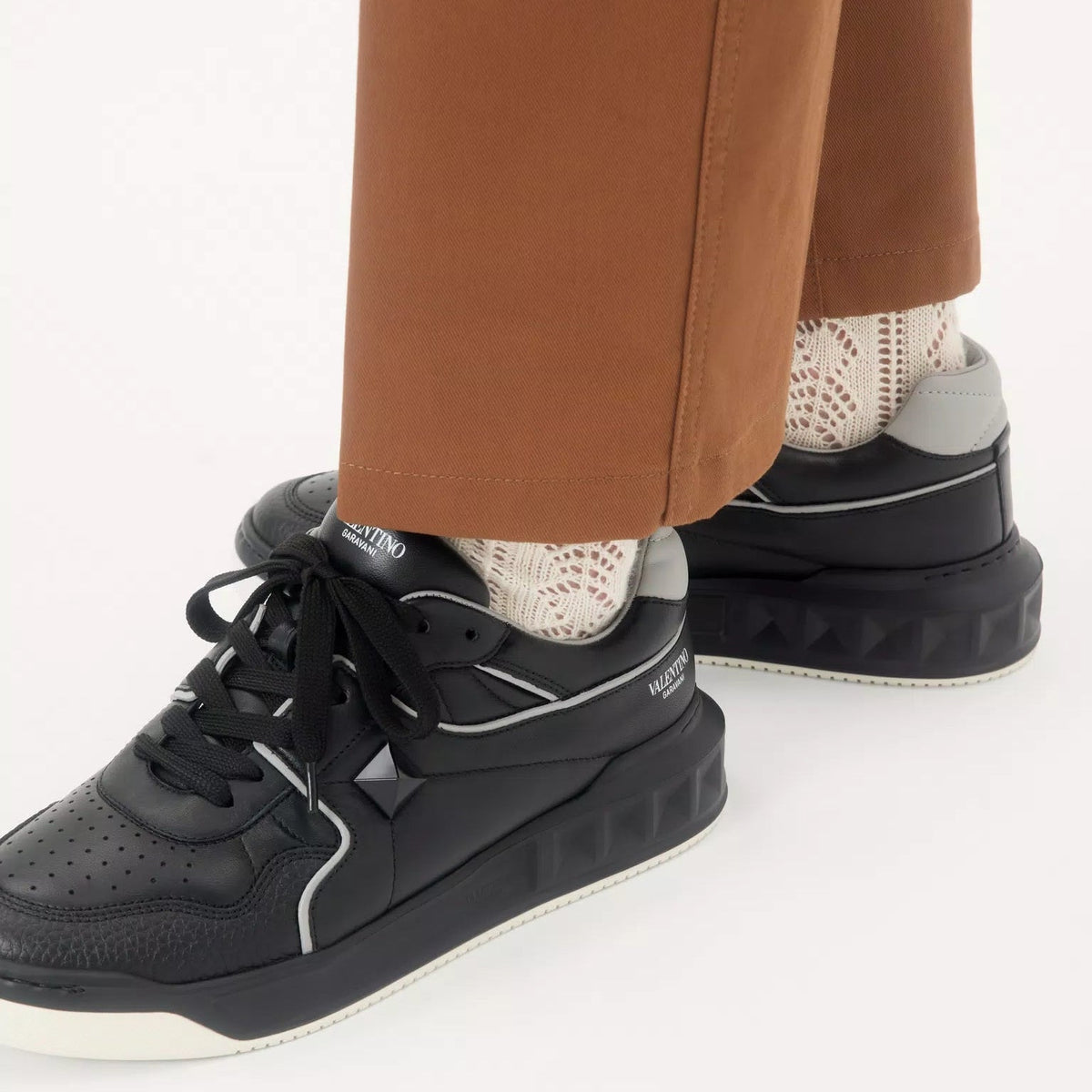 Valentino One Stud Low-Top Nappa Sneaker For Man in Black/Grey 6