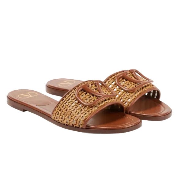 Valentino Vlogo Embellished Woven Leather and Raffia Slides