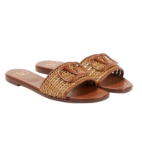 Valentino Vlogo Embellished Woven Leather and Raffia Slides
