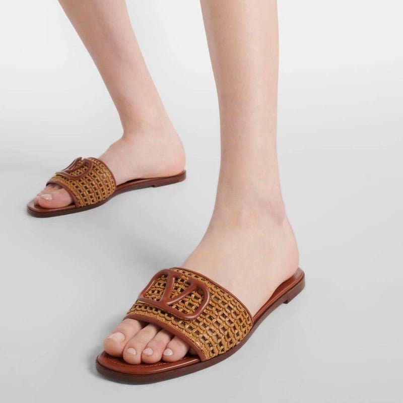 Valentino Vlogo Embellished Woven Leather and Raffia Slides 3