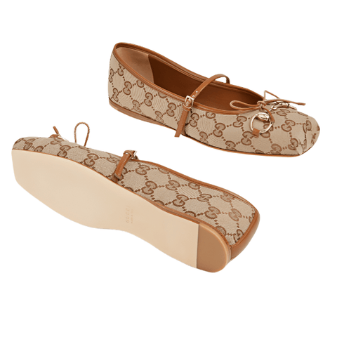 Women's Gucci Horsebit Ballet Flat Beige and Dark Brown GG Canvas - BEAUTY BAR