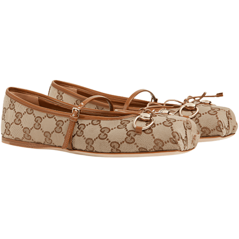 Women's Gucci Horsebit Ballet Flat Beige and Dark Brown GG Canvas - BEAUTY BAR