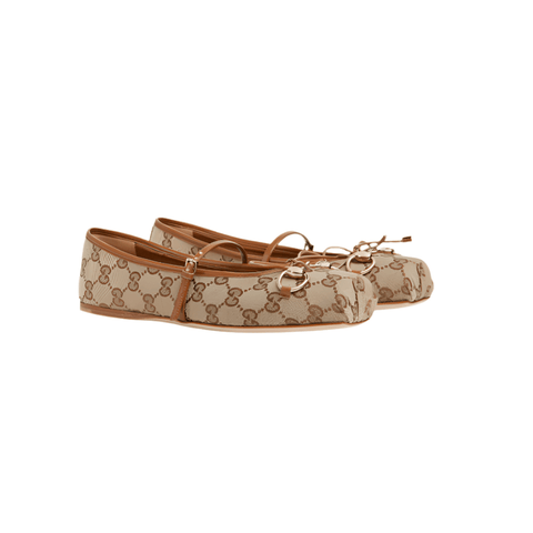 Women's Gucci Horsebit Ballet Flat Beige and Dark Brown GG Canvas - BEAUTY BAR