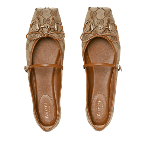 Women's Gucci Horsebit Ballet Flat Beige and Dark Brown GG Canvas - BEAUTY BAR