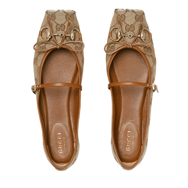 Women's Gucci Horsebit Ballet Flat Beige and Dark Brown GG Canvas 2