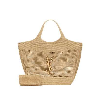 Yves Saint Laurent Icare In Raffia Naturel And Brown Gold