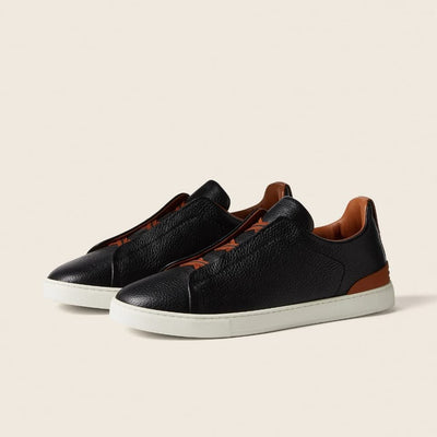 Zegna Black Deerskin Triple Stitch Sneakers