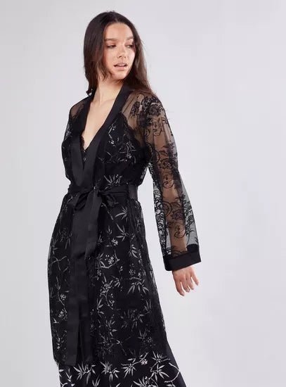 Black Lace Robe With Satin Strap - BEAUTY BAR