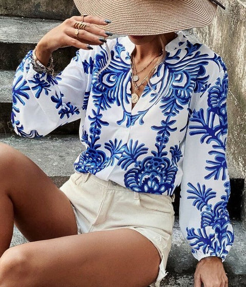 Christa White Patterned Floral V-NeckLong Sleeve Shirt - BEAUTY BAR