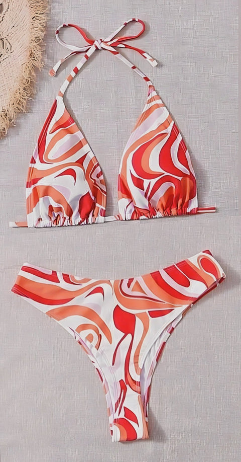 Floral Print Halter Triangle Tie Side White-Orange Bkini - BEAUTY BAR
