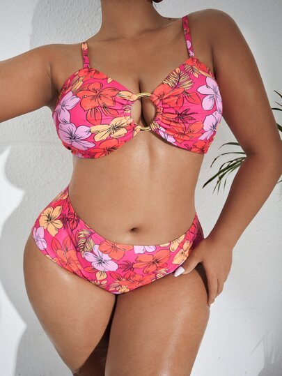 Floral Print String Bikini Sets With a Ring - BEAUTY BAR