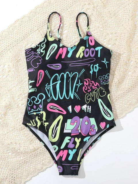 Girls Crown & Letter Graphic One Piece Swimsuit - BEAUTY BAR