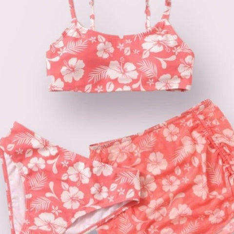 Girls Floral Bikini Swimsuit With Beach Skirt - BEAUTY BAR