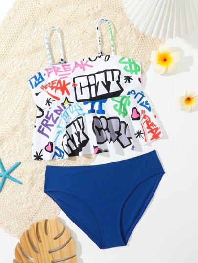 Girls Ruffle Hem Bikini Swimsuit 2-Piece - BEAUTY BAR