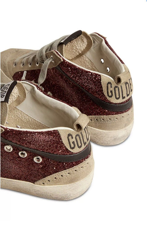 Golden Goose Women's Mid Star Glitter Sneakers, Dark Red Tan - BEAUTY BAR