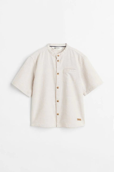 H&M Cotton Short Sleeve Grandpa Collar Shirt Lghit Beige & Chino Shorts Blue - BEAUTY BAR