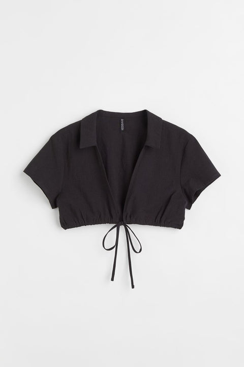 H&M Cropped Drawstring-Hem Blouse Black - BEAUTY BAR
