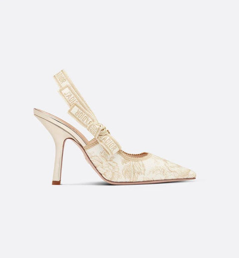 J'Adior Slingback Pump White And Gold-Tone Cotton Embroidered Heels - BEAUTY BAR