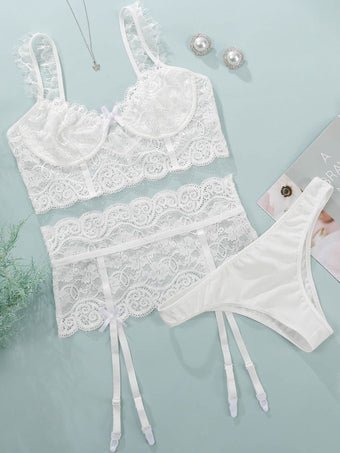 Lingerie Bras For Women Bra Panty Garter White Lace Sexy 3-Piece  - BEAUTY BAR