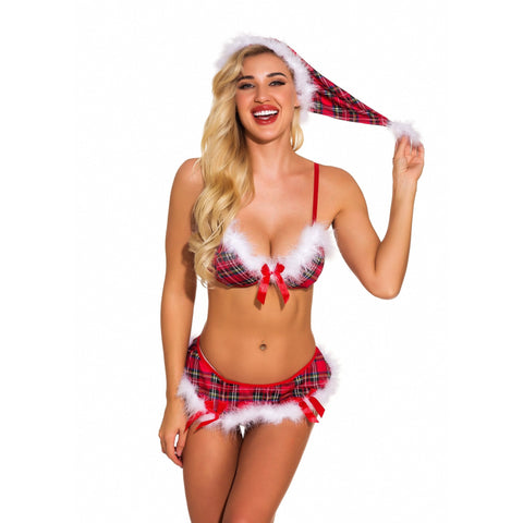 Lingerie Set Christmas Plaid Feather Trim with Hat Nightwear - BEAUTY BAR