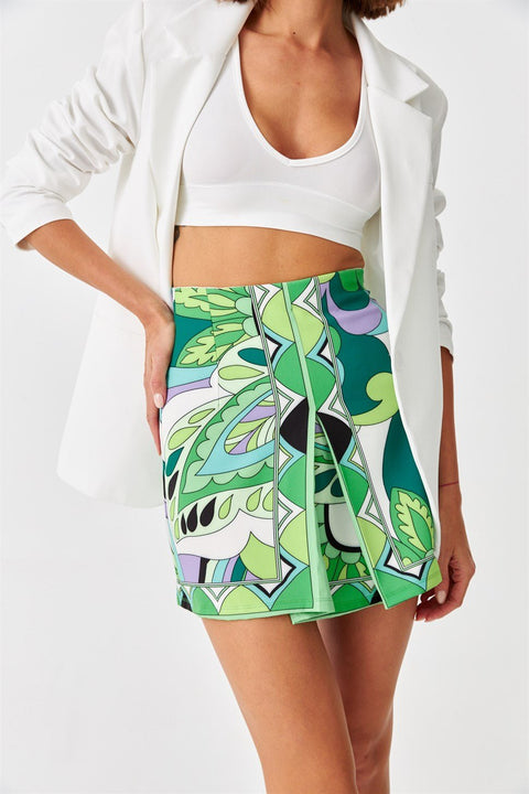 Patternd Short Green Skirt High Waist - BEAUTY BAR